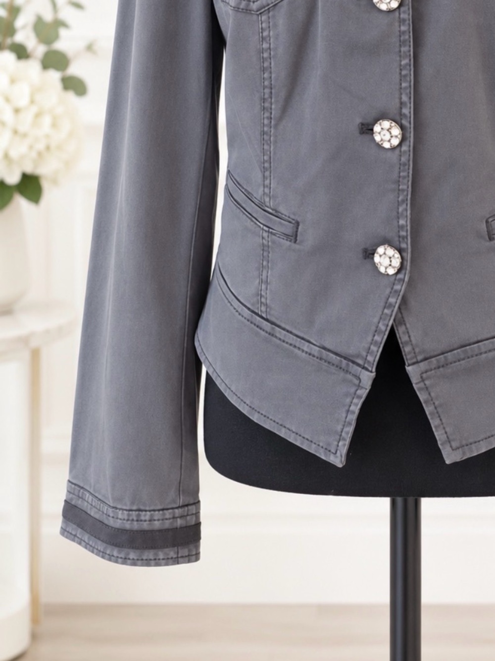 Charcoal Gray/Green Dress Jacket w/Rhinestone Adorned Buttons and Trimmed Sleeve - Picture 6 of 12